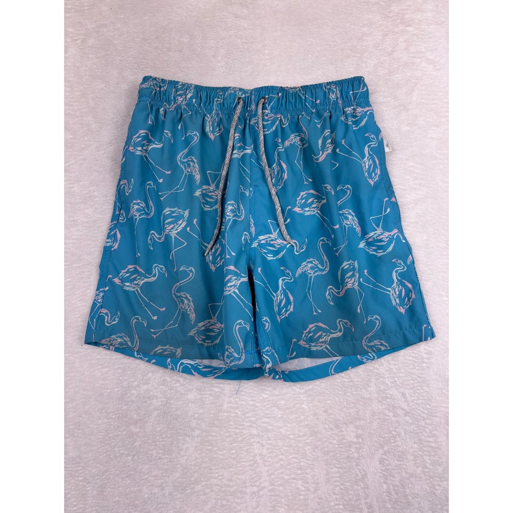 Vintage Summer Mens Flamingo Print Swim Trunks Teal Blue Board Shorts Medium 28